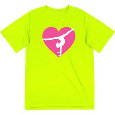 With its bright outline of a gymnast holding a handstand, this performance tee will be a hit whenever you wear it. Designed to perform, our short sleeve performance t-shirts are made from 100% moisture-wicking polyester interlock with UV protection to keep athletes cool and dry. With a relaxed and easy fit, they make for a great tee for both in and out of the gym. Choose from one of our many shirt colors so you can match your team colors! These make for a winning gift idea for any occasion for b Pink Short Sleeve Activewear With Letter Print, Sporty Cheerleading T-shirt With Screen Print, Sporty T-shirt For Cheerleading With Screen Print, Pre-shrunk Stretch Sports T-shirt, Green Graphic Print Activewear For Workout, Sporty Short Sleeve T-shirt With Heart Graphic, Pink Sporty T-shirt For Cheerleading, Sporty Pink T-shirt For Cheerleading, Short Sleeve Sports T-shirt With Heat Transfer Vinyl