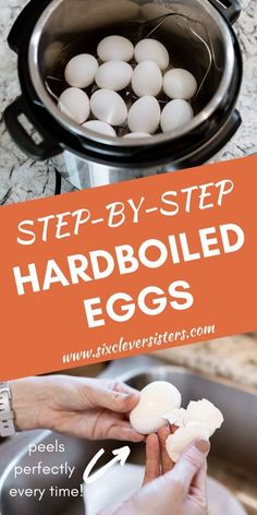 an image of eggs being boiled in the slow cooker with text overlay that reads step - by - step hard boiled eggs