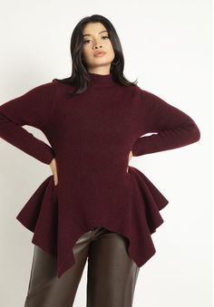 Peplum Sweater | Eloquii Fitted Purple Tops For Winter, Fitted Purple Winter Tops, Fitted High Neck Tops For Fall, Fitted Burgundy Winter Top, Winter Purple Fitted Tops, Fitted Funnel Neck Sweater For Fall, Fitted High Neck Sweater For Workwear, Fitted High Neck Sweater For Work, Fitted Purple Tops For Fall