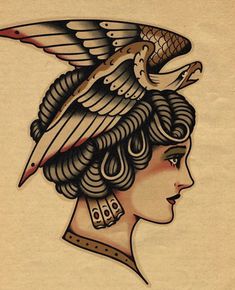 a drawing of a woman's head with a bird on top of her head