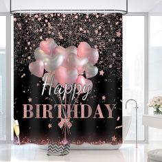 a birthday shower curtain with balloons and confetti