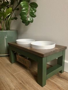 two bowls sit on top of a wooden table in front of a potted plant