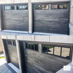 two garage doors are shown side by side with the same woodgrain on them