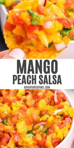 mango peach salsa in a white bowl with the title text overlay reads mango peach salsa