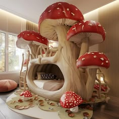 a bedroom with mushrooms growing on the walls and floor, along with a bed made out of wood