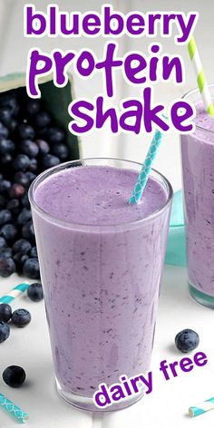 Tall glass of a purple beverage with a straw and blueberries on the side. Blueberry Protein Shake Recipe, Blueberry Protein Shake, Blueberry Protein Smoothie, Keto Protein Shake, Easy Protein Shakes, Protein Shake Diet, Low Carb Protein Shakes, Bullet Recipes, Dairy Free Protein