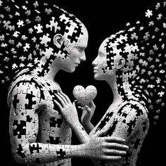 two people made out of puzzles with one holding the other's hand and kissing