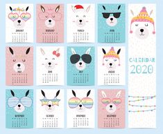 a calendar with cute llamas and sunglasses for the year 2019, on a blue background