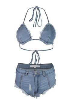 Showdown Denim Bra & Micro Shorts SET - Light Wash - EDGEbyKS Denim Bra Top, Denim Bra, Top With Tie Straps, Micro Shorts, Night Out Tops, Casual Day Dresses, Essential Dress, Corset Crop Top, Wedding Dresses Strapless