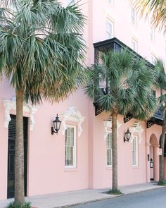 palm trees line the sidewalk in front of a pink building with black doors and windows