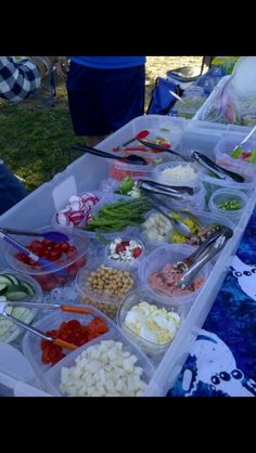 a table filled with lots of food on top of a blue cloth covered picnic blanket