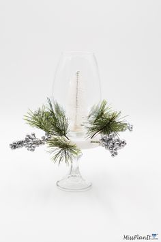 a wine glass filled with pine branches and snow