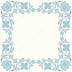 a cross stitch frame with blue flowers and leaves on white background stock photo 54978