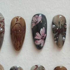 Deep Color Nails, Dark Flower Nails, Rustic Nail Designs, Drawing Nails Art, Nail November, Dragonfly Nails, Rustic Nails, Nail Drawing, Cute Nail Art Designs