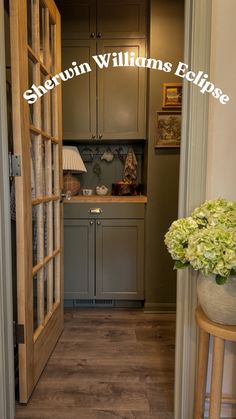 an open door leading into a kitchen with green flowers in the vase on the counter