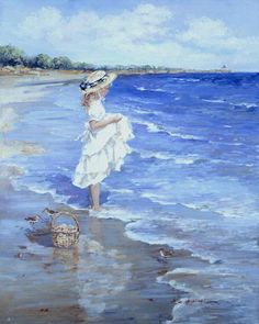 a painting of a woman walking on the beach with a basket in her hand,