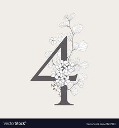 the number four with flowers and leaves in black and white colors on a gray background