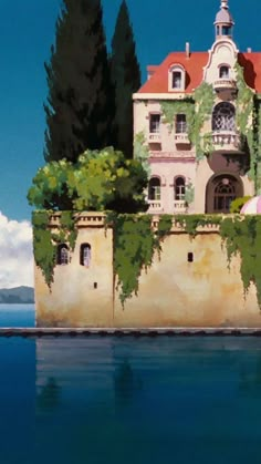 a painting of an old house on the water