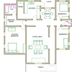 the floor plan for a three bedroom house with two bathrooms and one living room in it