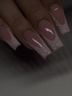 New Years Nails Ballerina, Pink Silver Prom Nails, Coffin French Tip Nails With Glitter, Birthday Nail Inspo Coffin, Birthday Nails Ballerina, Cute Formal Nails, Nice French Tip Nails, Mail Inspo Winter, Pretty Nail Ideas Acrylic Long