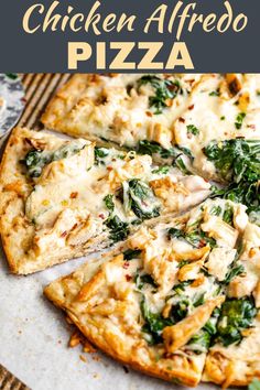 chicken alfredo pizza with spinach and cheese on the top is cut into four slices