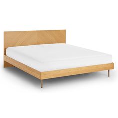 the bed frame is made with wood and white linens, while the headboard has no sheets on it