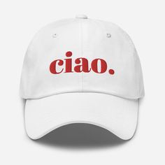 Say "Ciao" to classic style with our chic 'Ciao' Embroidered Baseball Hat. This stylish accessory isn't just a hat; it's a fashion statement that effortlessly blends Italian flair with everyday elegance. Whether you're exploring the streets of Rome or running errands closer to home, this hat adds a touch of sophistication to any outfit. Italian Greeting: The word "Ciao" is elegantly embroidered on the front of this baseball hat, serving as a stylish nod to the Italian language and culture. It's a versatile accessory that allows you to express a friendly greeting wherever you go. Premium Quality: Crafted from high-quality materials, our baseball hat offers both style and durability. The structured design ensures a comfortable fit, making it the perfect choice for all-day wear, whether you'r Classic White Hats With Letter Print, Classic Summer Hats With Embroidered Logo, Classic Summer Hat With Embroidered Logo, Chic Cap Hat, One Size Fits Most, Chic One Size Fits Most Cap Hat, Chic One-size-fits-most Cap, Chic One Size Fits Most Cap, Italian Hat, Chic Hat