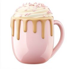 a pink mug with white frosting and sprinkles