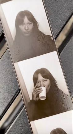 three pictures of women with long hair holding coffee cups in front of their faces and looking at the camera