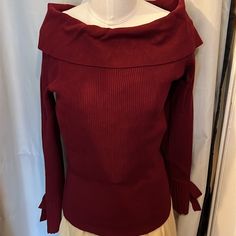 Nwt Ny&Co M Maroon Ribbed Knit L/S Sweater. Fan Cuffs Have Bow Detail. Can Be Worn As Cowl Neck Or Off The Shoulder. Rich Color. Stretch Knit Tops With Ribbed Cuffs, Fitted Red Tops With Ribbed Cuffs, Avenue Design, Shoulder Sweater, Bow Detail, Cowl Neck, Rich Color, Ribbed Knit, Off The Shoulder