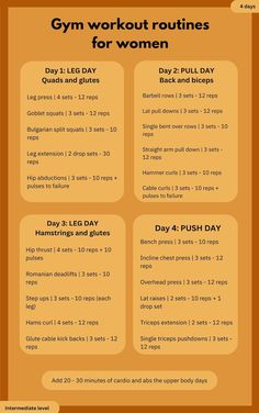 the gym workout routine for women is shown in orange and yellow colors, with instructions on how