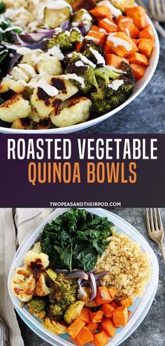 roasted vegetables and quinoa bowls with text overlay