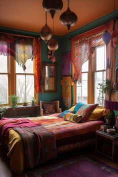 a bed room with a neatly made bed next to two large windows and hanging lamps