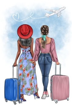 two women with suitcases are looking at an airplane in the sky and one is wearing a red hat