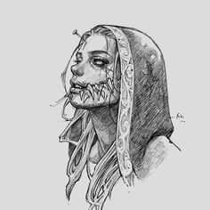 a drawing of a woman's face with long hair and fangs on her head