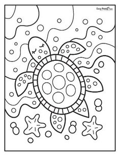 a coloring page with an image of a sea turtle in the water and stars around it