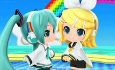 two anime characters standing next to each other in front of a rainbow colored sky and water