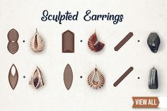 an assortment of carved earrings displayed on a white background with text that reads sculpted earings view all