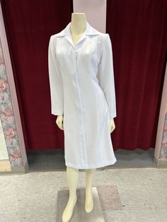 White tailored A-Line collared dress. 2 hidden pockets .  Full zipper closure Long Workwear Dresses With Pockets, Long Dresses With Pockets For Work, White Nurse Dress, Nurse Dress, Nurse Uniforms, Nursing Mother, Collared Dress, Nurse Uniform, Collar Dress