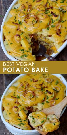 two images showing different types of food in the same pan and one with cheese on top