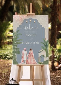 an easel with a sign that says welcome to the bride and groom