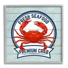 a wooden sign with a crab in the center and words fresh seafood written on it