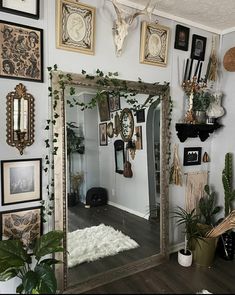 there is a mirror in the room with many pictures on the wall and plants around it