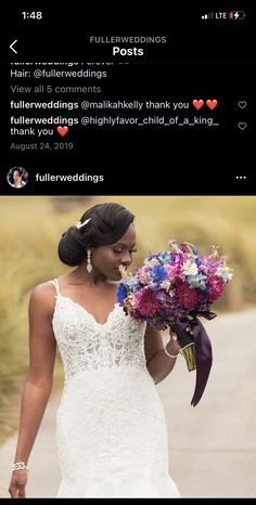 the bride is walking down the road with her bouquet in hand, and she's wearing a wedding dress