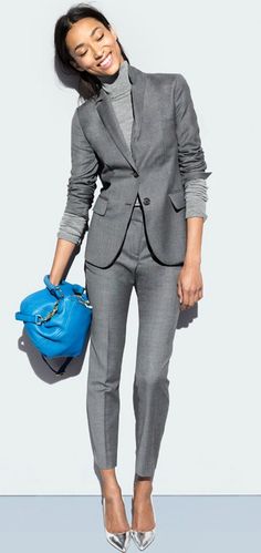 Minimalisticky Chic, Gray Turtleneck, Grey Suit, Blue Purse, Gray Suit, Silver Heels, Work Wardrobe