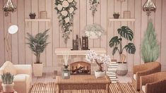 a living room filled with lots of furniture and flowers on the wall next to a fire place