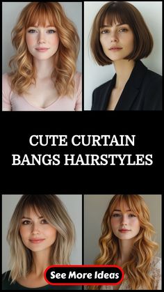 Cute curtain bangs hairstyles featuring various hair lengths and colors.