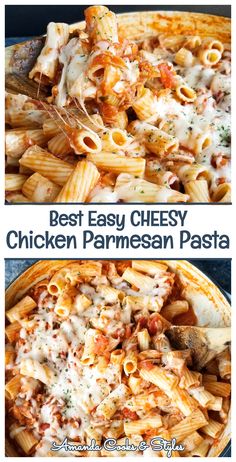 two pictures showing different types of pasta and chicken parmesan sauce in the same pan