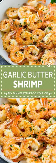 garlic butter shrimp is served in a white dish with parsley on the side and garnished with parsley