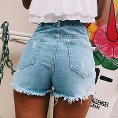 Summer Shorts Denim, Ripped Jean Shorts, Cuffed Denim Shorts, Ripped Denim Shorts, Ripped Shorts, Summer Denim, Short Denim, Casual Summer Shorts, High Waisted Jean Shorts